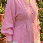 Pink V-Neck Linen Blouse