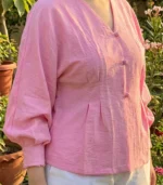 Pink V-Neck Linen Blouse