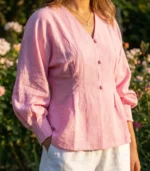 Pink V-Neck Linen Blouse - Image 3